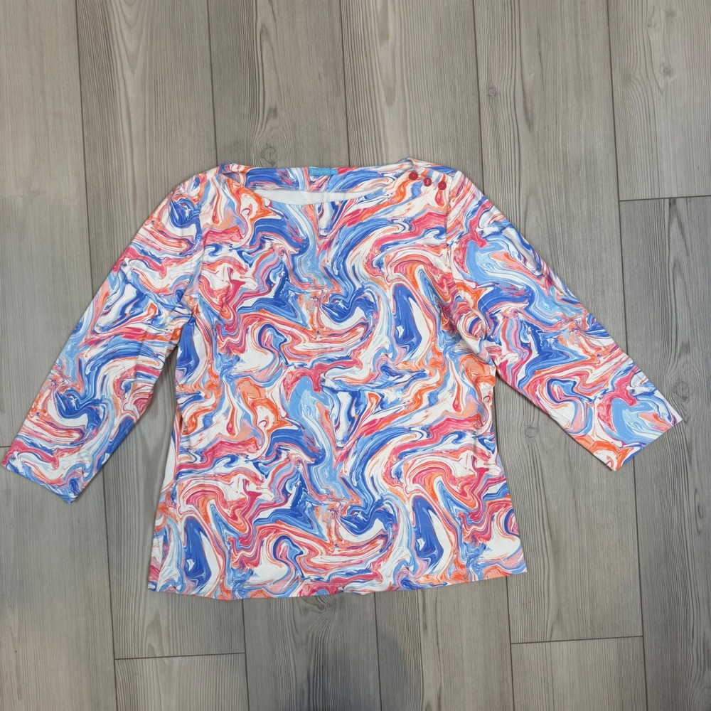J.McLaughlin Catalina Cloth‎ Marble Swirl Top 3/4 Sleeve Boat Neck Blue Pink XL